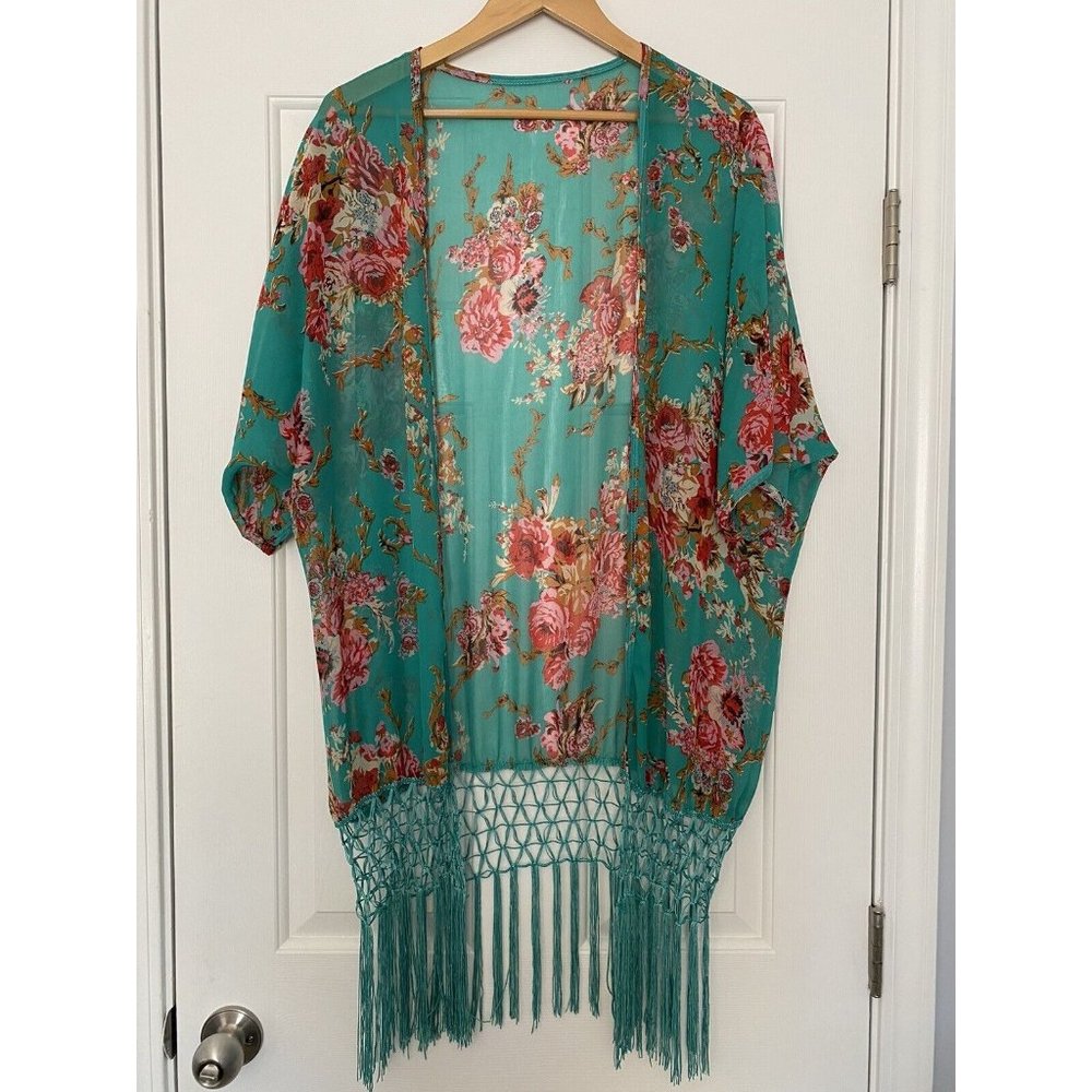 Turquoise Green Floral Open Front Sheer Kimono With Fringe